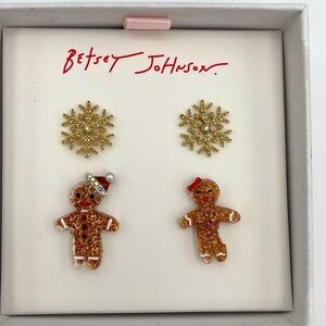 Betsey Johnson 2 Pair Snowflake & Gingerbread Earrings NIB